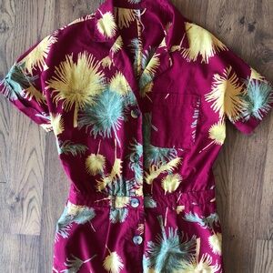 free people size medium button up romper red with white and green palms tiki